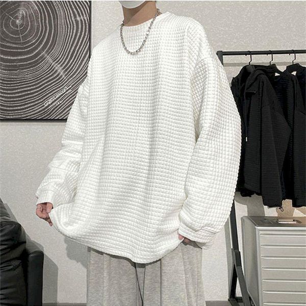 

men's hoodies & sweatshirts fonekie bottom shirt waffle pullover men crewneck sweatshirt long-sleeved t-shirt autumn winter korean ins, Black