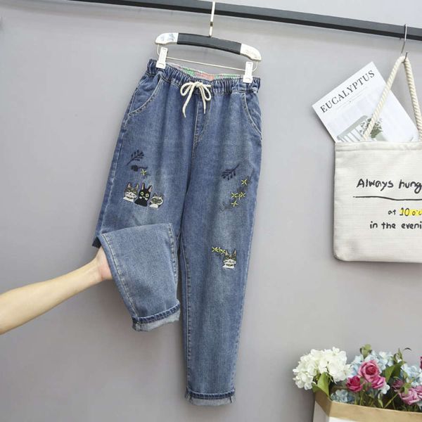 

hip hop sister oversized jeans fat women's loose fitting capris harem 200kg high waist pants fattening new style k, Blue
