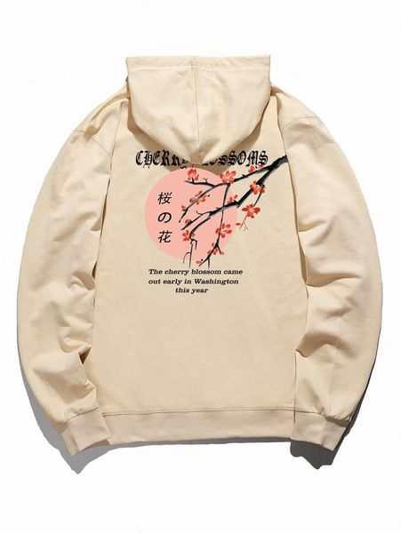 

men cherry blossoms and slogan graphic drawstring hoodie f9go#, Black