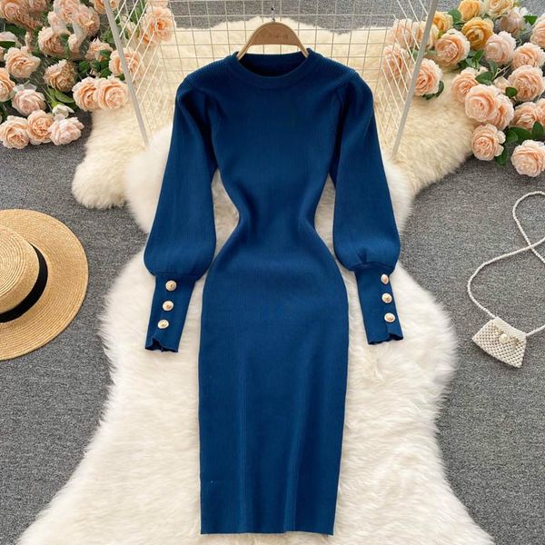 

casual dresses elegant buttons puff sleeve women dress fashion pink o-neck knit street style 2021 autumn winter, Black;gray
