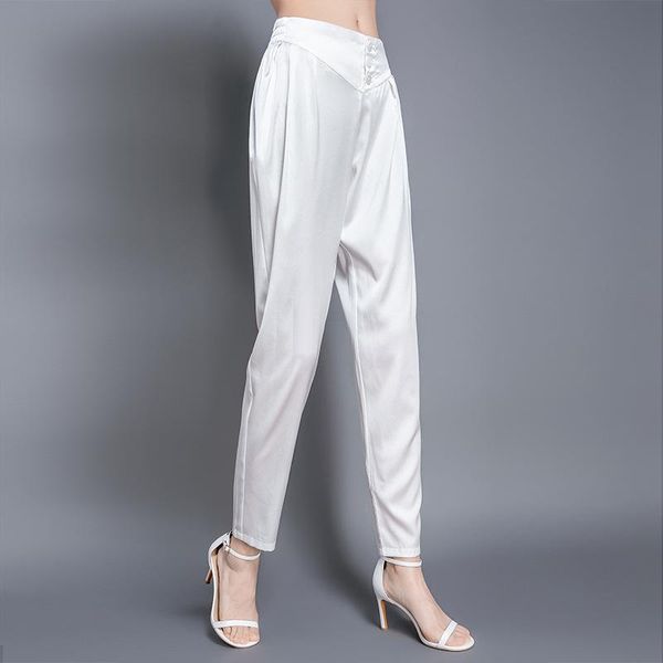 

women's pants & capris white 19 momme mulberry silk loose tight high waist satin trousers casual classic harem women summer 20112, Black;white