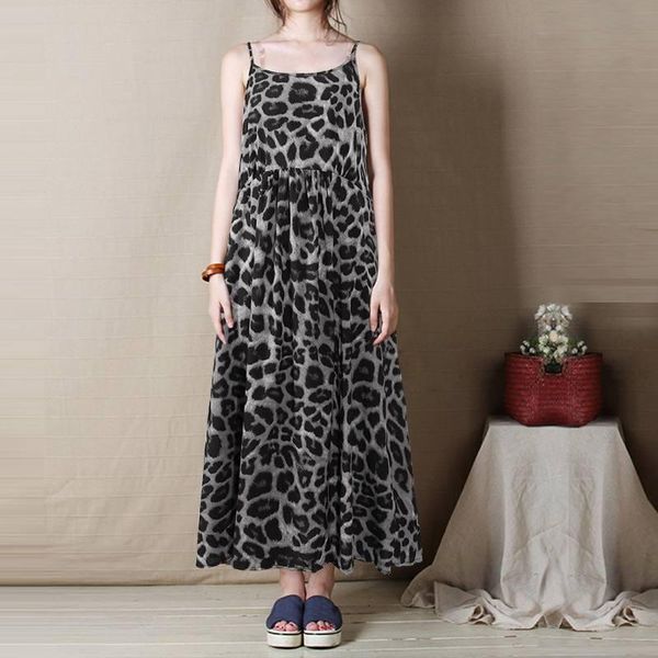 

casual dresses leopard sundress women's dress pleated beach vonda 2021 summer bohemian plus size vestidos s-5xl, Black;gray