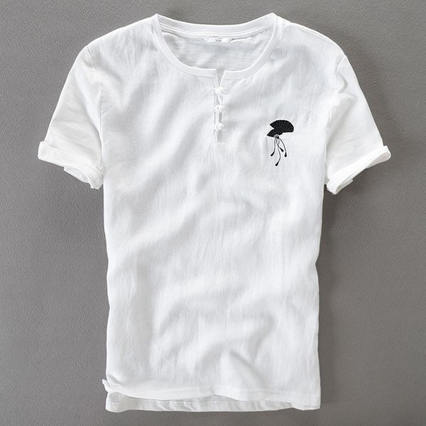 

2021 summer new linen shirt short sleeve round collar men t-shirt loose strech tshirt mens white solid t shirts male brand 3xl 3wqm
