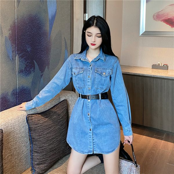 

retro age-reducing long-sleeved denim shirt new korean style temperament waist slimming dress women, Black;gray