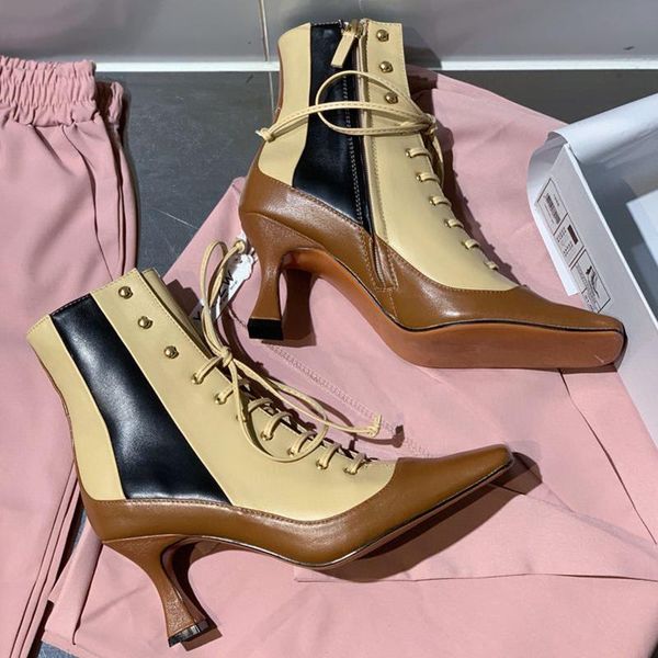 

boots 2021 women ankle genuine leather high heel shoe autumn retro sell square toe lace up mixed color designer, Black