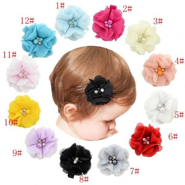 

baby girl's hair clips with hand-sewn beads flower newborn baby hair solid chiffon flower clips many colors, Slivery;white