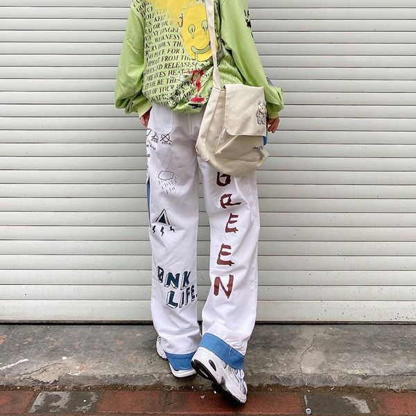 

streetwear 2021 new graffiti harem pants casual cotton loose elastic waist sweatpants patchwork hip hop harajuku jogger men trousers hllt, Black