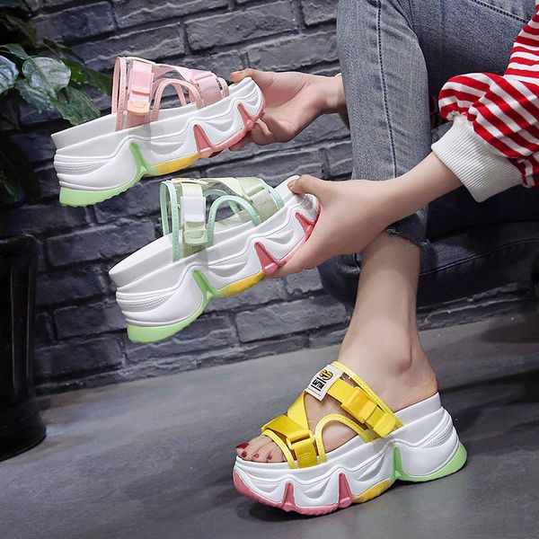

slippers casual women's shoes with platform pantofle loafers slides rubber flip flops heeled mules lady luxury soft flat 2021 ha, Black