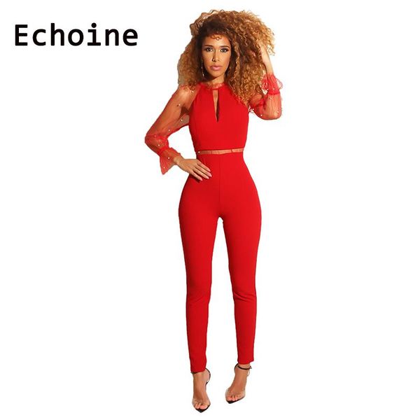 

women's jumpsuits & rompers echoine fashion mesh pearl jumpsuit solid color see through long sleeve hollow out playsuits skinny women p, Black;white
