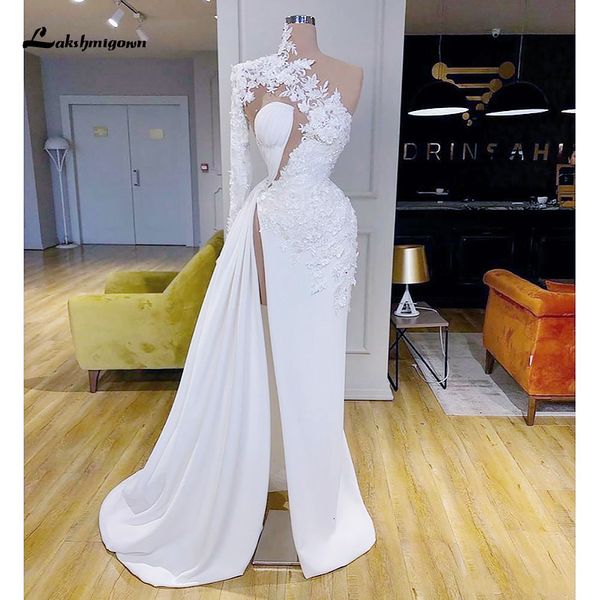

2021 new arabic dubai exquisite lace white high neck one shoulder long sleeve formal evening gowns side split prom es 0kn6, White;pink
