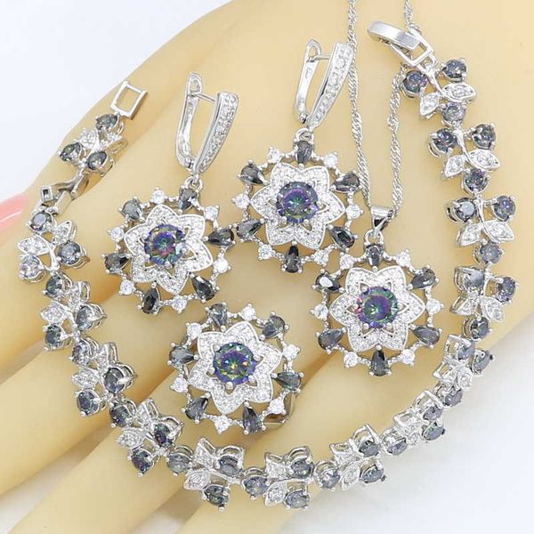 

women wedding jewelry sets silver color rainbow zircon bracelet earrings rings necklace pendant gift box h1022
