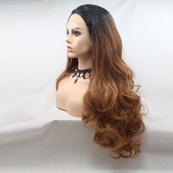 

front lace chemical fiber large curl wig women's gradient long high temperature silk head cover, Black;brown