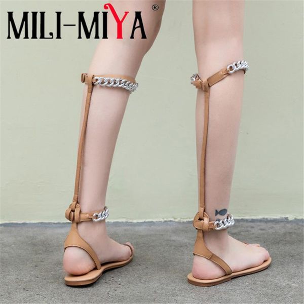 

sandals mili-miya unique women roman gladiator knee high flat open toe cow leather chains party dancing shoes black