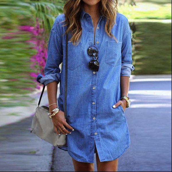 

women mini dress 2021 autumn casual loose long sleeve button shirt dresses denim vestidos long plus size s 5xl, Black;gray