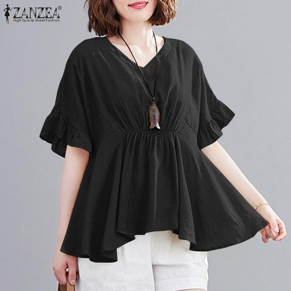 

women's blouses & shirts zanzea femlae tunic yellow blusas vintage short sleeve high waist elegant v neck asymmetrical casual autumn, White