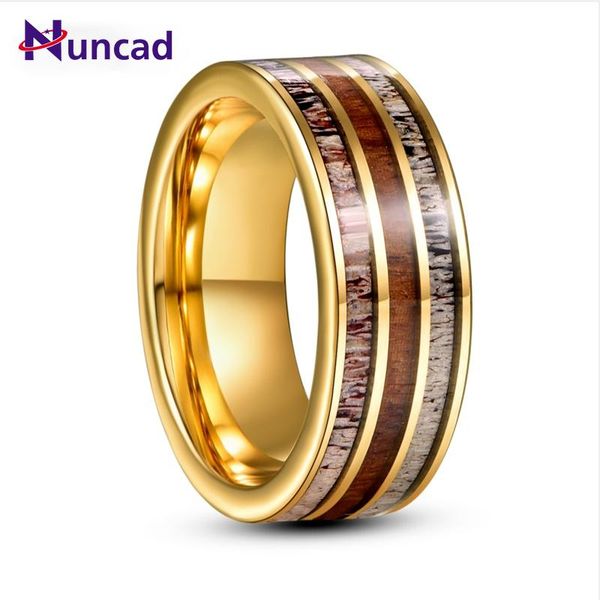 

wedding rings 8mm electric gold inlaid deer antler wood grain tungsten carbide ring men's fashion jewelry gift quality, Slivery;golden