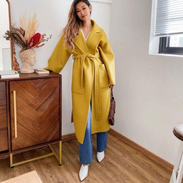 

women's wool & blends women yellow elegant winter overcoat long bandage woolen coat cardigan loose outwear 2021 belted, Black