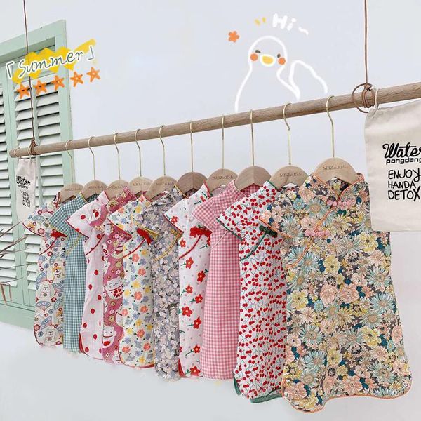 

ethnic clothing children chinese traditional cheongsam girls tang suits ten-color floral dresses fancy costumes short sleeve hanfu for baby, Red