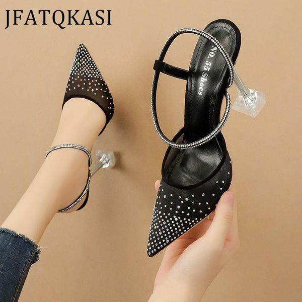 

dress shoes women high heels summer single mesh rhinestones back strap party female pumps fashion brand ladies 2021 style, Black