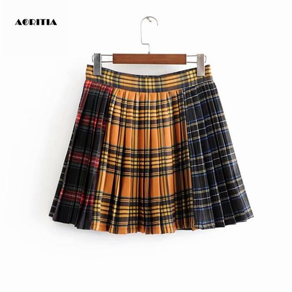 

skirts 2021 women autumn winter patchwork plaid womens mini skirt skater jupe harajuku, Black