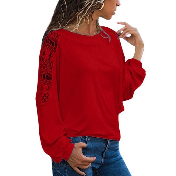 

fashion blouse women shirt women long sleeve solid lace trimmings hollow out loose blouse, White