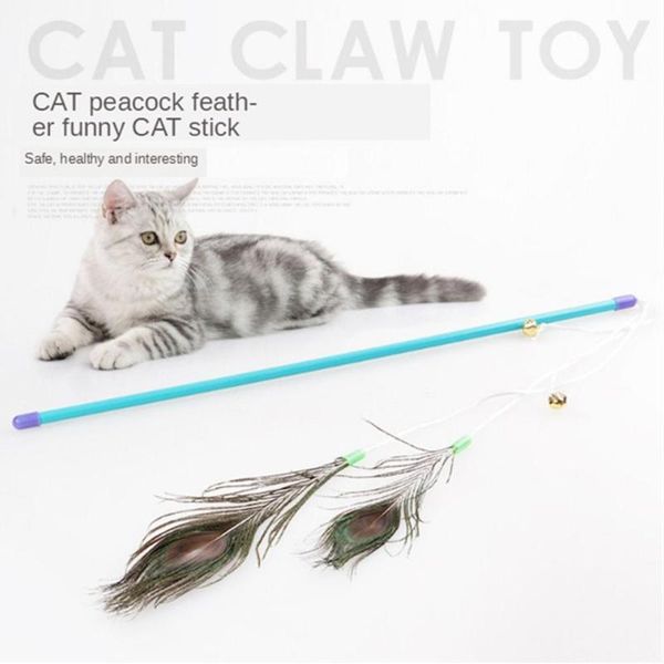 

cat toys pet peacock feather toy rod teaser stick playing wand teasing with bells interactive pets kitten training supplie