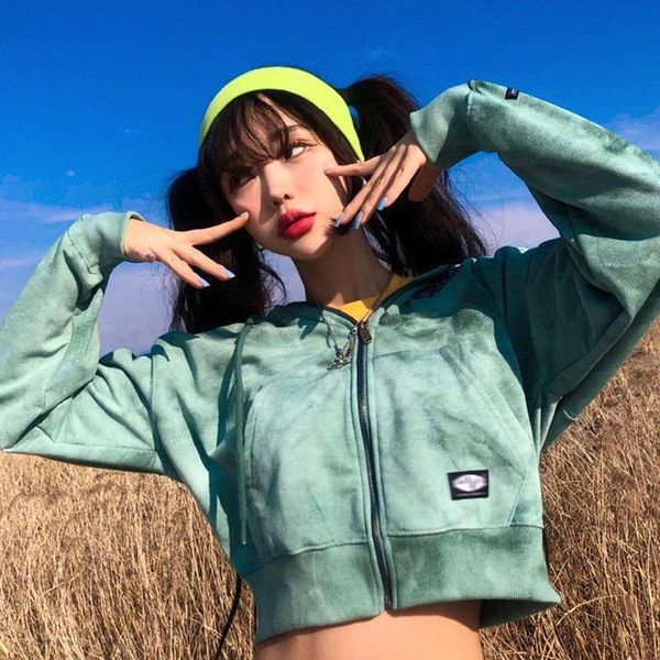 

women's hoodies & sweatshirts weiyao autumn 2021 green tie dye print long sleeve cropped women zip up aesthetic casual hooded jacket y2, Black