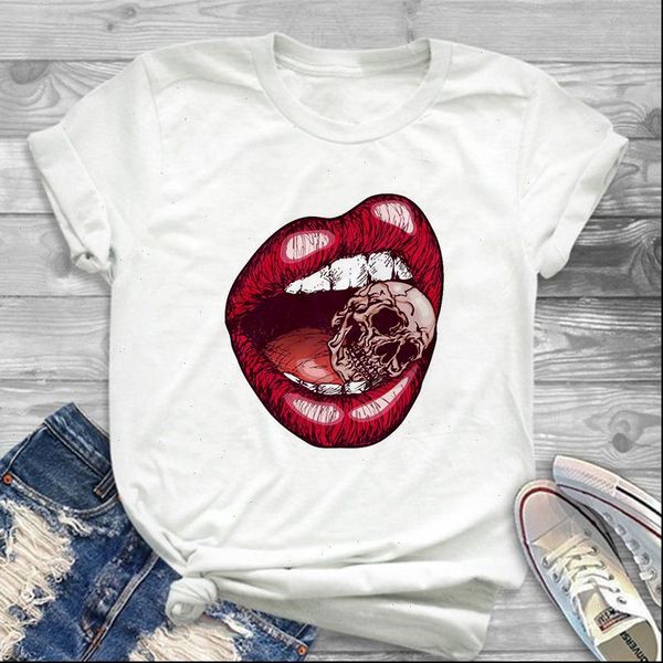 

womens t shirts red mouth lip and skull printing t shirts fashion short sleeve tshirt female harajuku white tee clothing