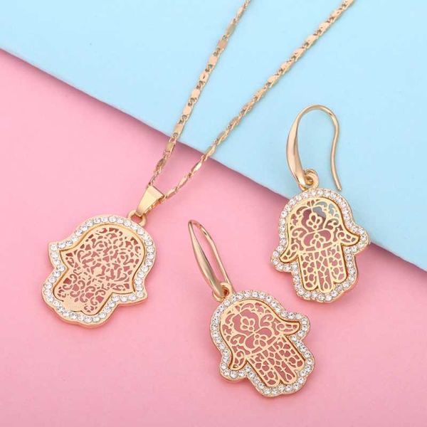 

pendant necklaces turkish evil eye hand hamsa necklace sets women gold silver color crystal jewelry hollow clavicle link chain collier