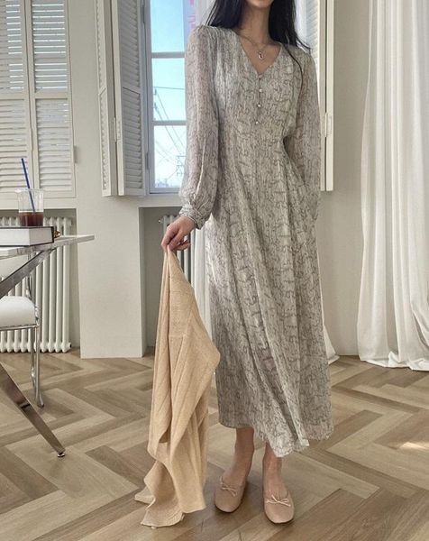 

casual dresses 2021 early autumn korean style gentle vestidos female v-neck small-breasted pleated waist long-sleeved midi dress df181, Black;gray