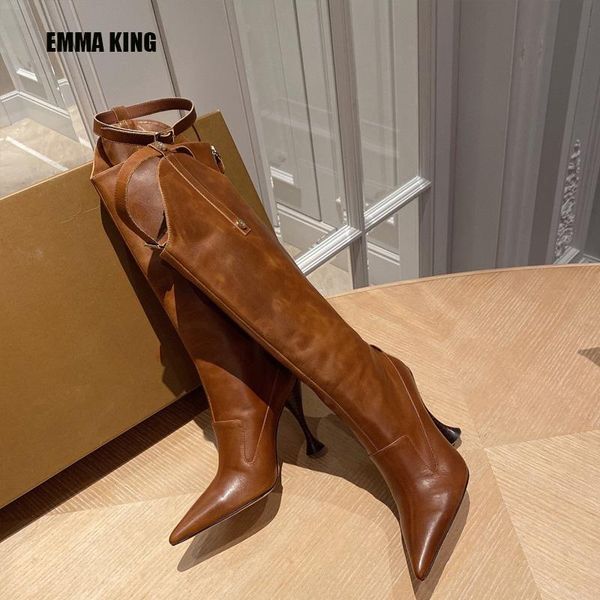 

boots 2021 fashion over the knee women belt decoration knight lady pointed toe long real leather autumn, Black