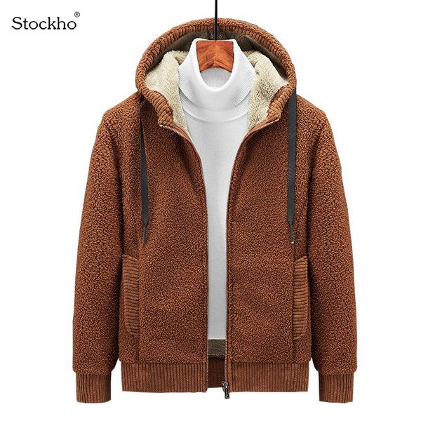

men's jackets winter jacket fashion faux lamb wool hooded casual plus fleece sweater warm sports and leisure, Black;brown