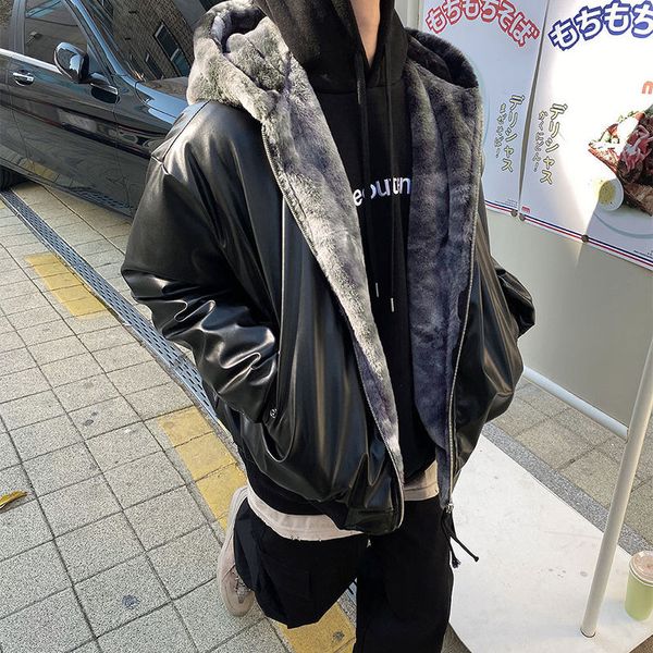 

2021 New Winter Thick Leather Jacket Men's Warm Fashion Casual Hooded Parka Men Double-sided Short Coat Mens Clothes Tr07, Black