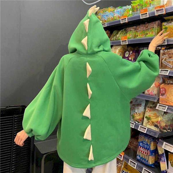 

dinosaur sweatshirt women hoodies loose korean sculpture girlfriends autumn winter sisters outfit plus fleece hooded jacket 210930, Black