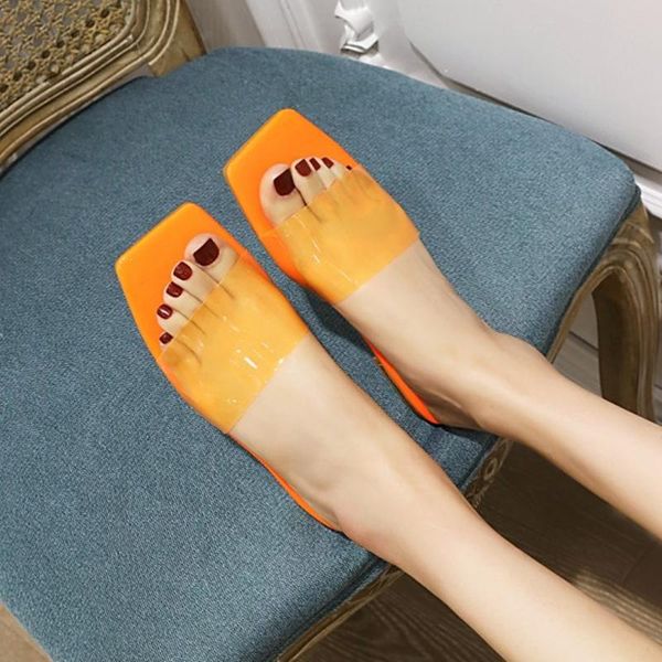 

concise clear pvc upper square toe women slippers summer sandals big size 43 slides shoes women home outside casual shoes, Black