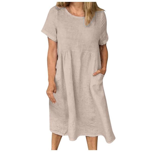 

casual dresses 2021 women's cotton and linen dress summer loose solid short-sleeve o-neck pocket sundress robe femme, Black;gray