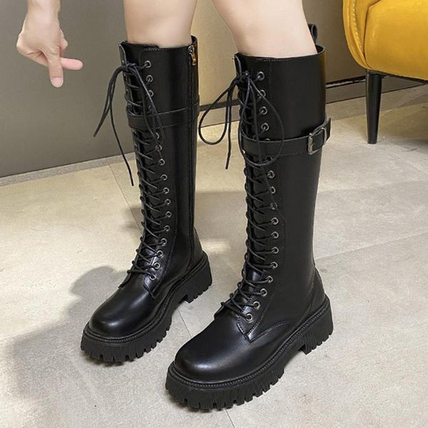 

boots rimocy fashion buckle lace up knee high women 2021 punk thick heels motorcycle woman side zipper platform shoes lady, Black