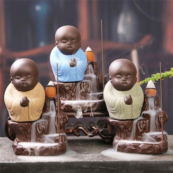 

fragrance lamps retro ceramic glaze backflow censer little monk buddha incense burner home decor