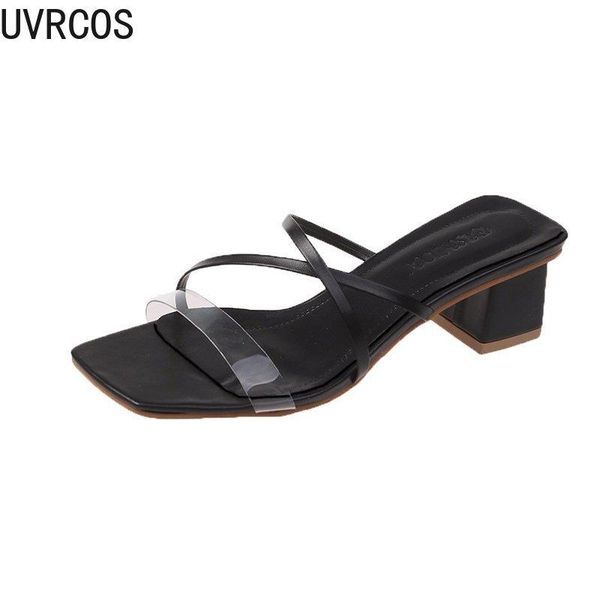 

slippers casual temperament women's fashion all-match solid color simple transparent uppers with heel 2021, Black