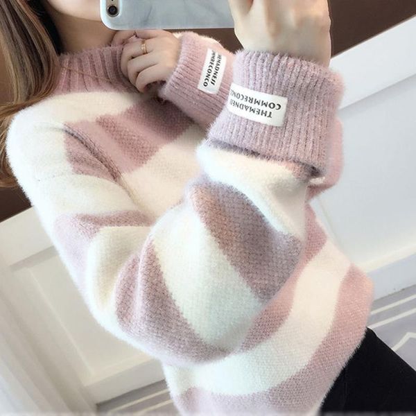 

women long sleeves half turtleneck knitted sweater stitching contrast pullover, White;black