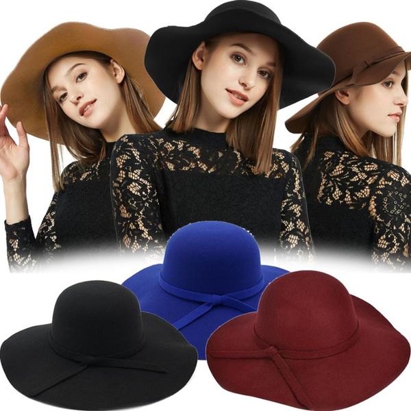 Brim pungente chapéus outono inverno jogador para mulheres moda senhora larga lã feltro fedora chapéu floppy cloche preto