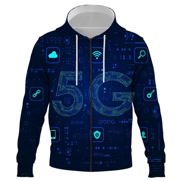 

men's hoodies & sweatshirts 2021 brand fashion 5g network 3d printing zipper hoodie men and women personalized design sweatshirt haraju, Black