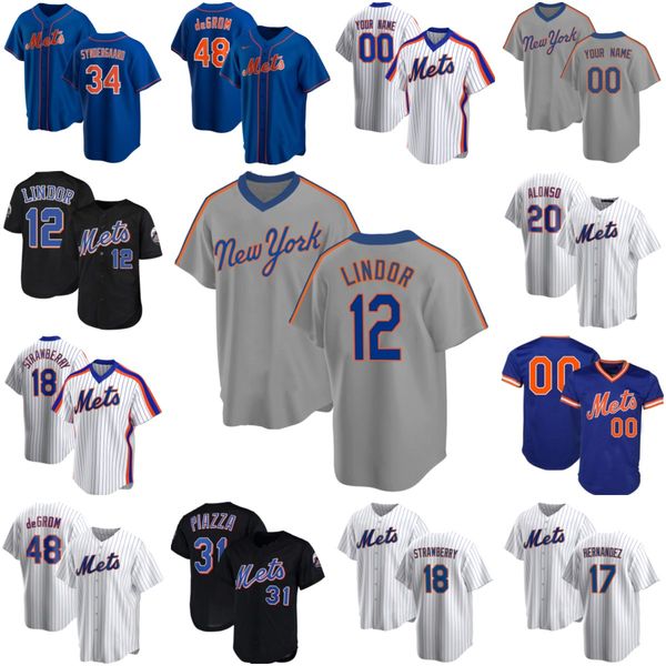

12 francisco lindor new 20 pete alonso 48 jacob degrom york mike piazza mets noah syndergaard darryl strawberry baseball jerseys z12, Blue;black