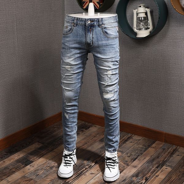 

2021 new italian style fashion men elastic slim fit destroyed ripped jeans patchwork vintage designer hip hop pants rr6v, Blue