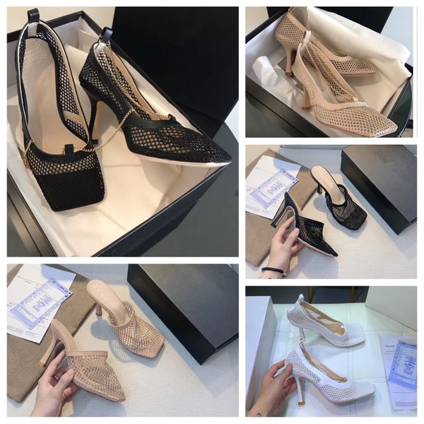 

luxury designer a1 ladies sandals leather soles square toe mesh stretch gold chain high heels women summer fashion shoes with box size 35-40, Black