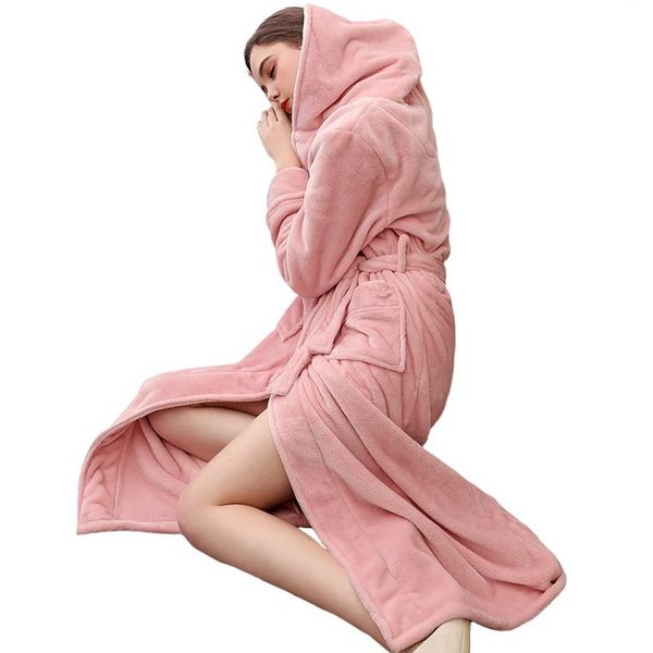 

hooded women robes winter warm coral fleece nightdress sleepwear female pajamas home clothes dressing gown kimono l bathrobe, Black;red