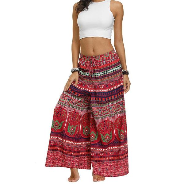 

fitness women yoga pants lace up high waist wide leg pants boho printed casual baggy outdoor sport long trousers female, White;red