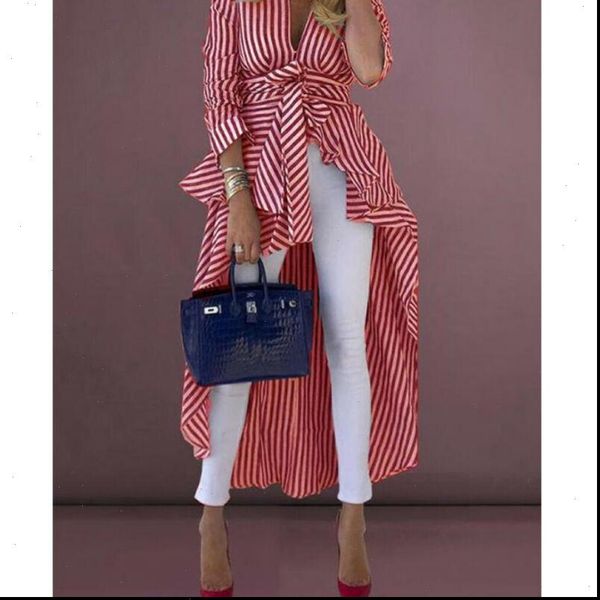 

2021 fashion new womens striped long shirts long sleeve v neck bowknow lace up blouse ladies ol work button shirt, White