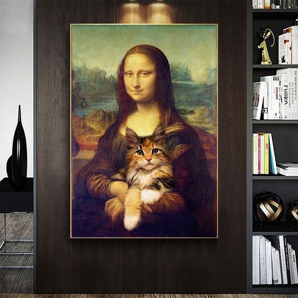 

paintings mona lisa with cat art posters and prints classic portrait artist oil painting print on canvas wall picture for home