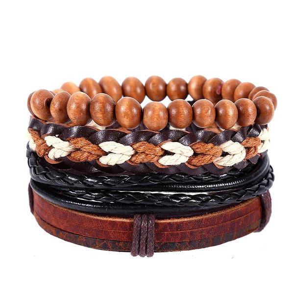 

charm bracelets wholesale multilayer leather bracelet men jewelry 4pcs/set wood beads weave rope wrap & bangles for women jewellery, Golden;silver